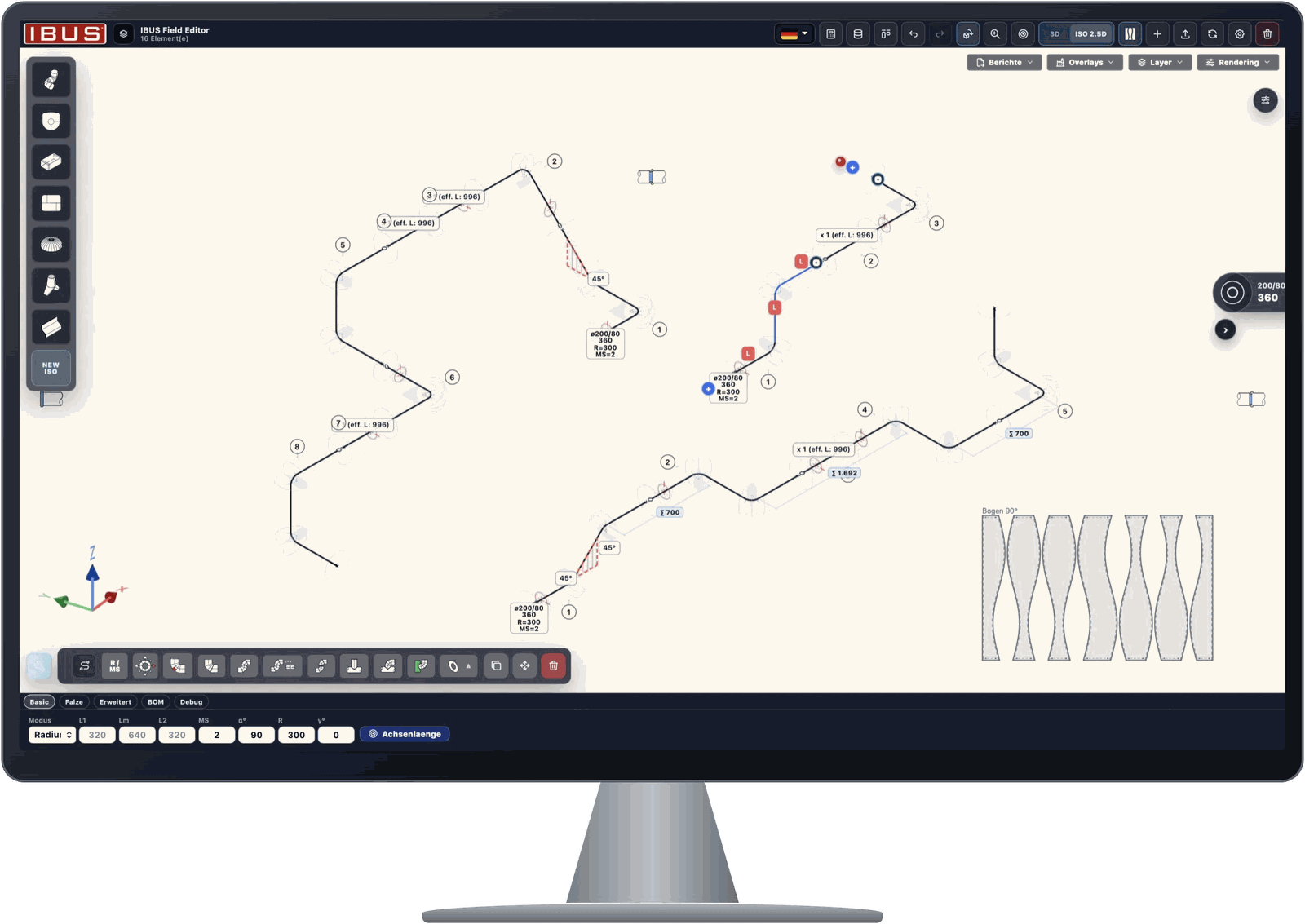 IBUS Field Editor am Desktop: Isometrie mit Bemaßung, Nahtlagen und Bogenabwicklung