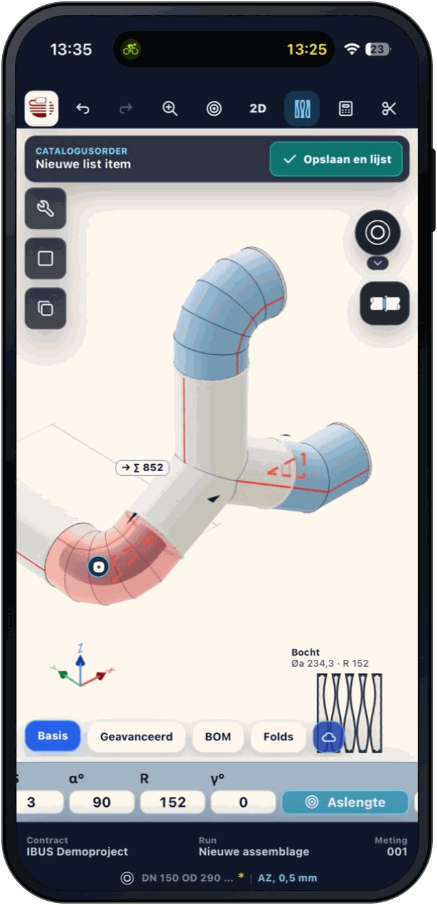 IBUS Mobile auf dem iPhone: 3D-Rohrleitung mit Bögen, ausgewähltem Bogen und Parameter-Footer